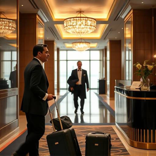 A concierge assisting a guest with luggage in a luxury hotel