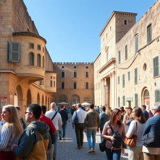 A group of people on a guided tour through a historical site