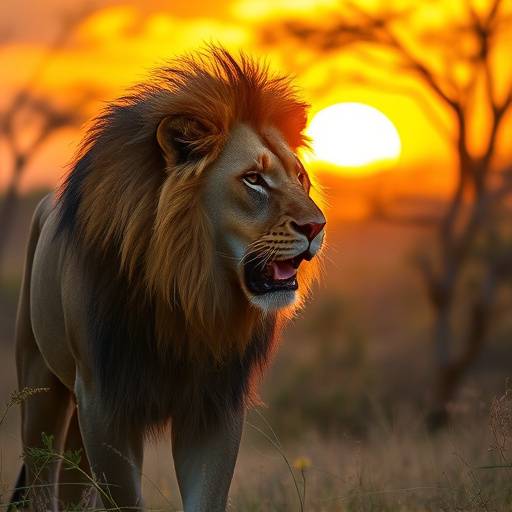 A majestic lion roaming freely in the African savanna during a safari.