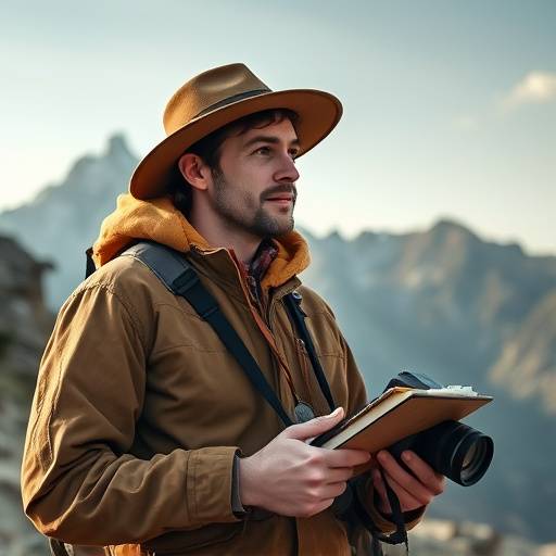 A travel scout exploring a remote mountain location with a notepad and camera