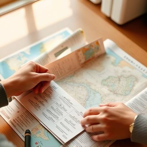 Hands working on a travel itinerary with maps and brochures