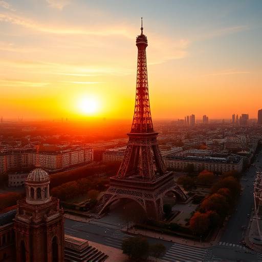 Panoramic view of the Eiffel Tower at sunset in Paris, France.