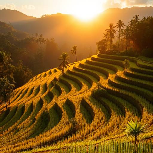 Picturesque rice terraces in Ubud, Bali, Indonesia bathed in golden sunlight.