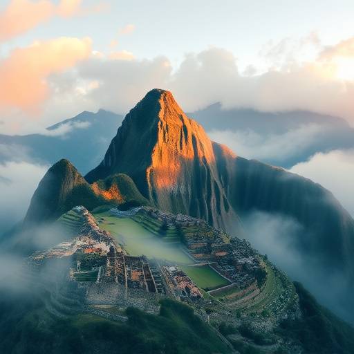 The ancient Incan citadel of Machu Picchu nestled high in the Andes Mountains, Peru.
