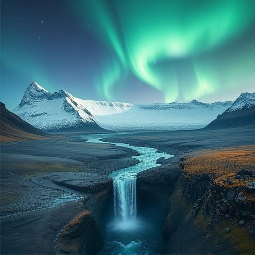 The dramatic landscape of Iceland with its glaciers, waterfalls, and the Northern Lights dancing in the sky.