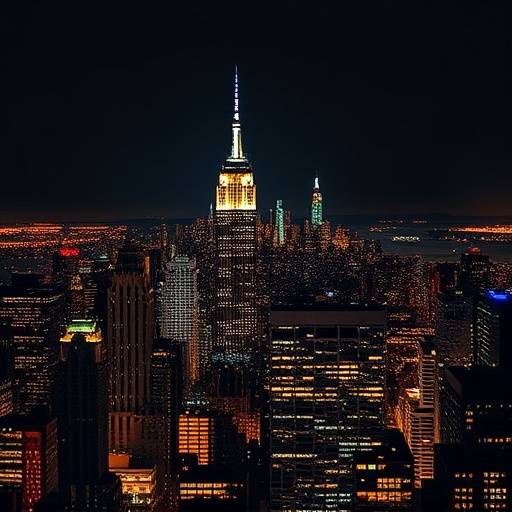 The iconic skyline of New York City at night, illuminated with vibrant lights.