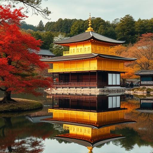 The serene Kinkaku-ji (Golden Pavilion) reflected in the water in Kyoto, Japan during autumn with vibrant foliage.