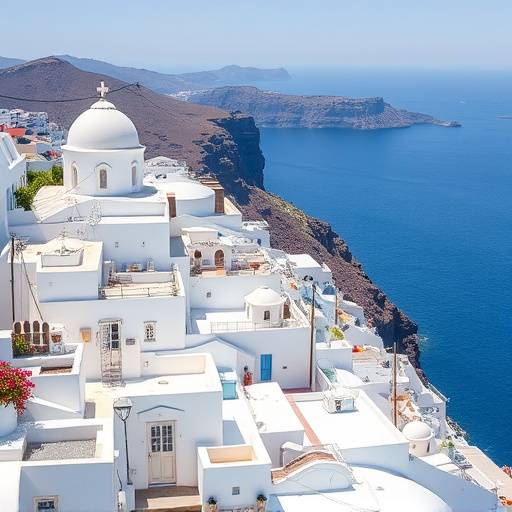 Whitewashed buildings clinging to the cliffs overlooking the brilliant blue Aegean Sea in Santorini, Greece.